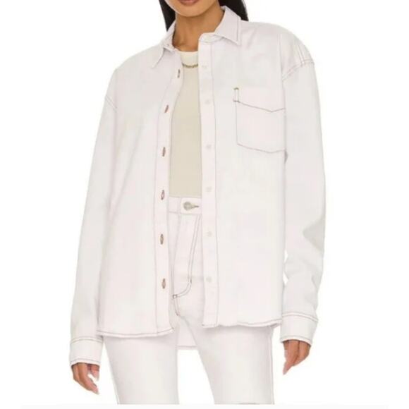 We Wore What White Contrast Stitch Denim Button Down Long Sleeve Top Size Medium - Picture 1 of 7